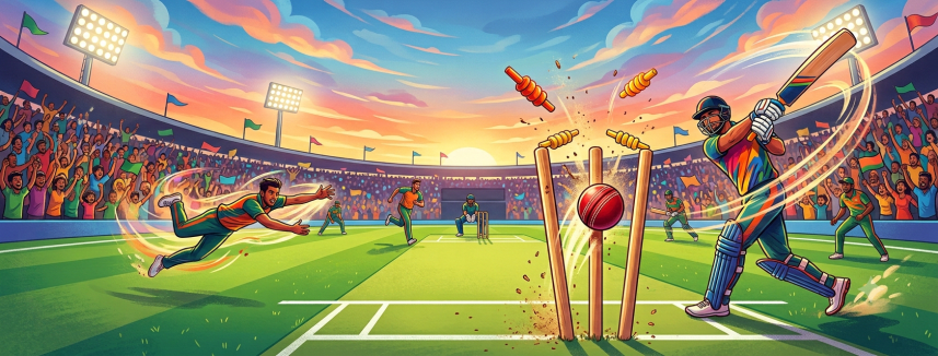 Illustration of a floodlit T20 match: a batter driving, a fielder diving, and the stumps rattled.